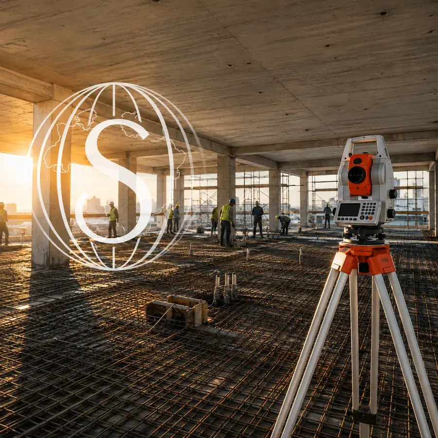 Estação total em controle geométrico sobre laje em obra