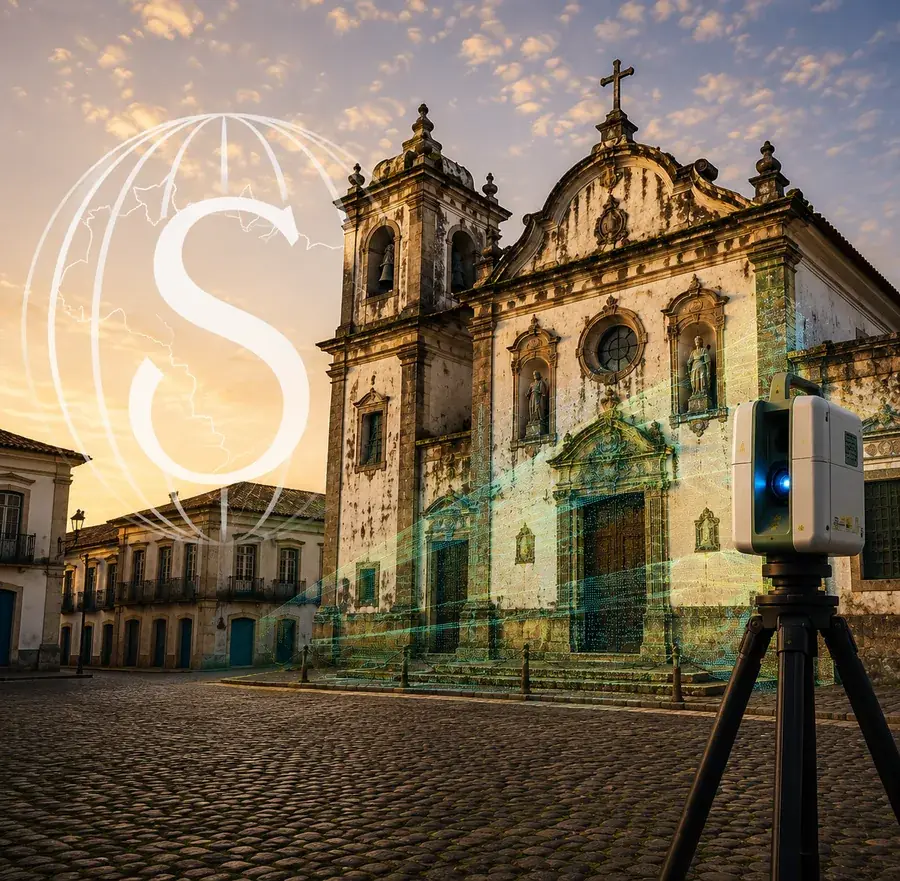 Equipe com Laser Scanner em frente a igreja histórica