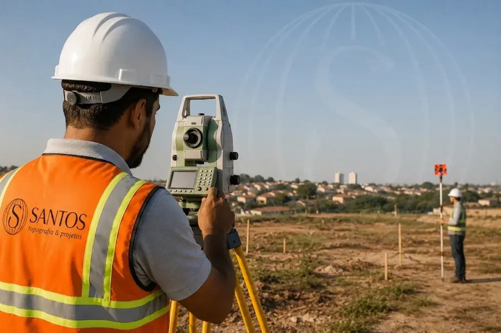 Topógrafo da Santos em levantamento GNSS diante da fachada da Coca-Cola Andina