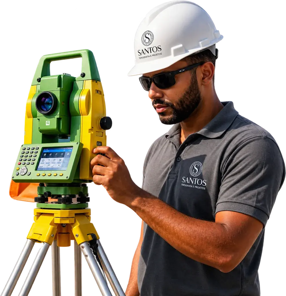 Topógrafo da Santos Topografia operando estação total